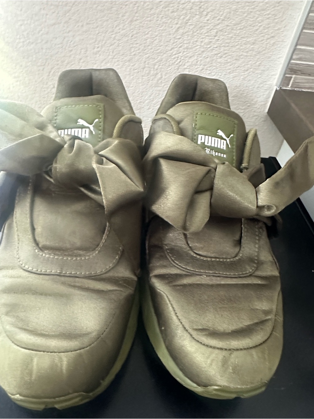 Rihanna Puma Olive Green Satin Bow Sneakers - Picture 2 of 6